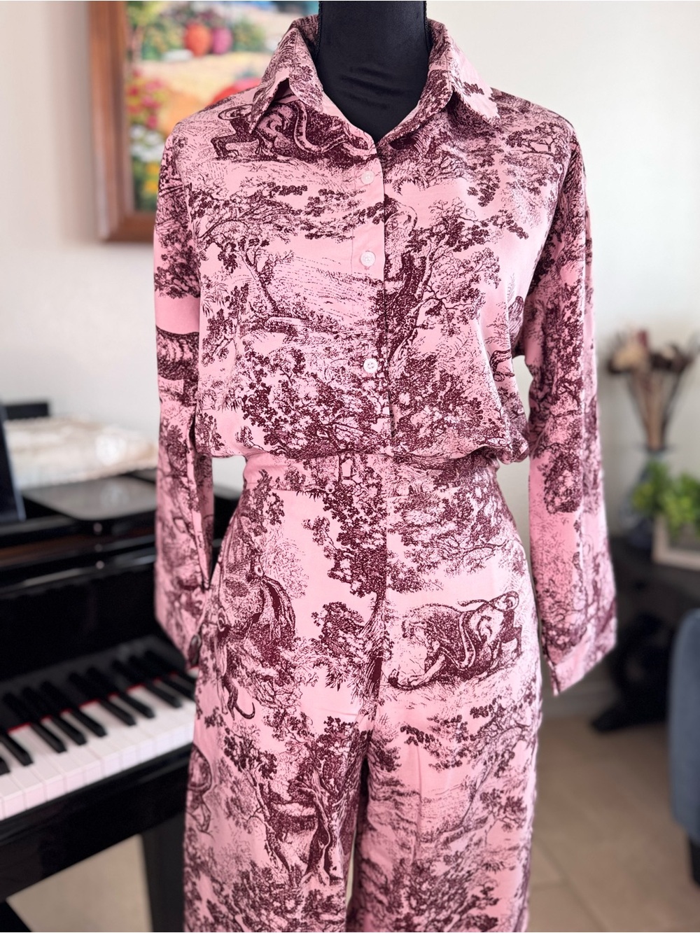 Women's Pink Toile Wide-Leg Jumpsuit - Picture 3 of 13